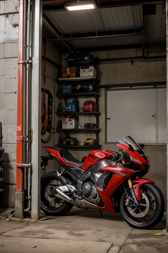Motor, canggih, keren, knalpot racing, futuristic, realistis, garage, red