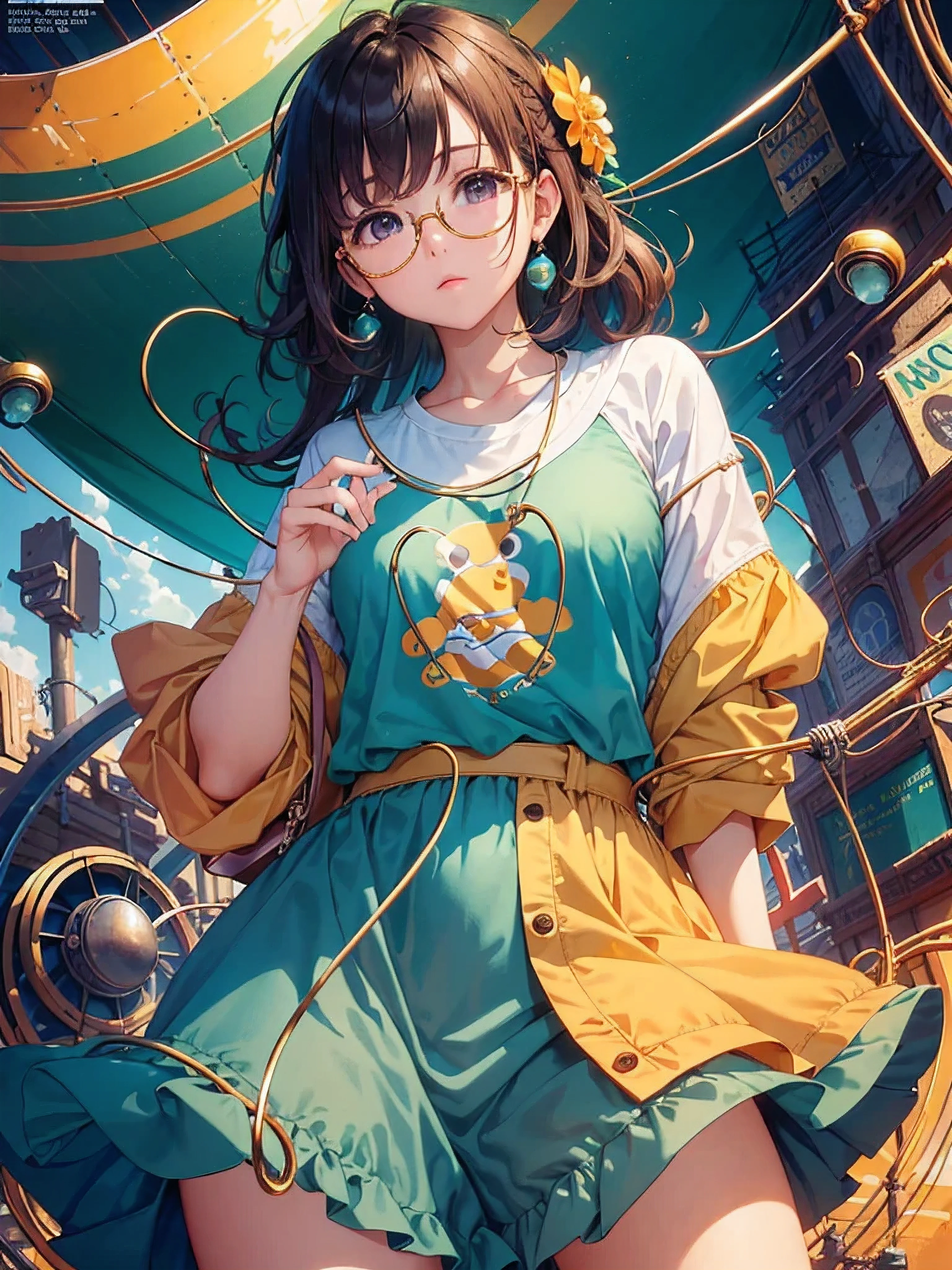 (Masterpiece, highest quality, super large resolution); (CG illustration); (a cute and cute girl); (sleepiness) (exhaustion); ((round-framed gold wire glasses)), (fashionable) (trendy); Rich colors, cyan, orange, yellow, green, cyan, blue, purple, fashion typography, magazine cover poster, hyper-detail, art, title, logo, label, badge, graphic design, detail post-processing, depth of field, high brightness, high saturation, more white space;