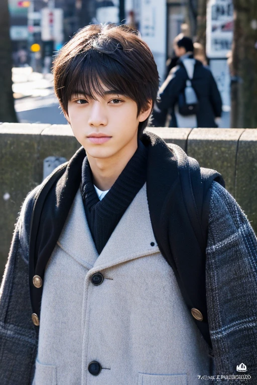 Photorealistic, 8K full-body poster, Beautiful Boys, Japanese, 18-year-old male, Attractive look, Detailed facial details, Tokyo, Winters, Shibuya in the background