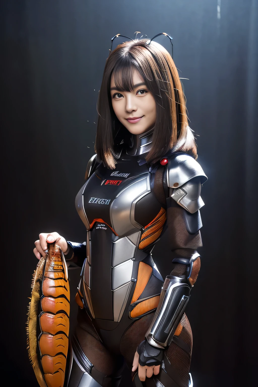 (high resolution,masterpiece,best quality,extremely detailed CG, anime, official art:1.4), realistic, photo, amazing fine details, all intricate, gloss and shiny,awesome many layers, 8k wall paper, 3d, sketch, kawaii, illustration,( solo:1.4), perfect female proportion,villainess, (fusion of dark brown cockroach and lady:1.4), (brown cockroach form lady:1.2), (brown cockroach lady:1.2), (fusion:1.2), (solo:1.4), (evil smile:1.2), muscular, abs, (cockroach brown exoskeleton bio insect suit:1.4), (cockroach brown exoskeleton bio insect armor:1.2), (brown transparency cockroach wing:1.4), (brown cockroach antennae:1.3),