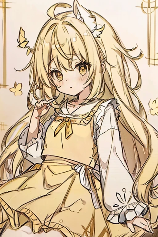 A blonde haired female angel in a cute yellow ta dress with hazel eyes and golden wings is waving with a blush