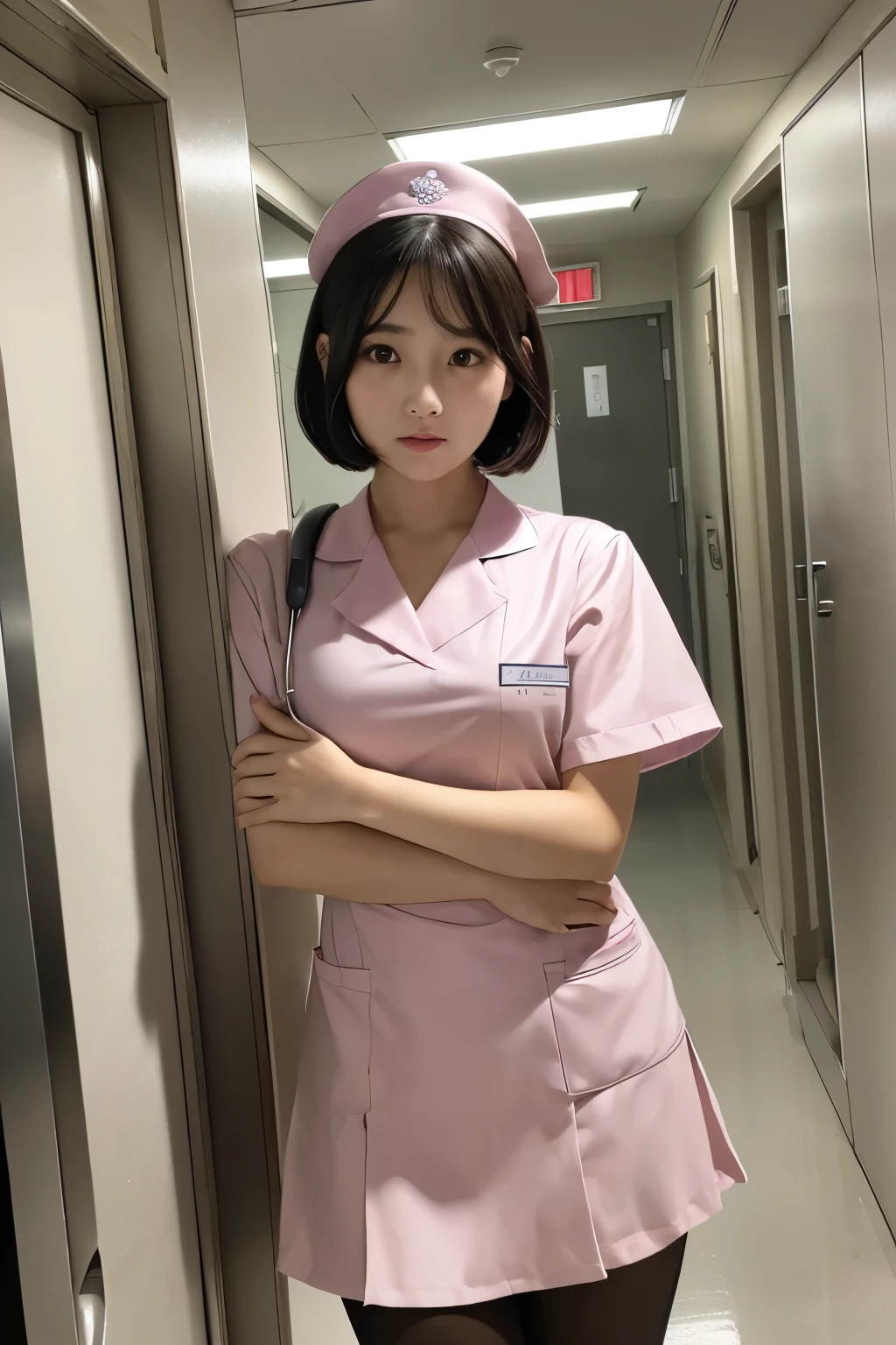(1 Girl)、(Beautiful Japanese、18years old,round face、Refreshing、clear、seems kind、stylish、Pitiful、cute like an angel、cute、black eyes、,actress,Almond-shaped eyes), Good style , (Beautiful big breasts:1.2),(soft breasts),(very cute),(Black hair),(short bob hair),(enchanting eyes),(highlight on eyes:1.2)、(8K、Live shooting、highest quality、masterpiece:1.2、optimal lighting)、((masterpiece)),(Photo taken by a professional photographer),(real、photo real:1.4),break,{ (pink nurse costume),(((taraditional nurse uniform))),(pink nurse mini skirt),(( pantyhose)),(cleavage:0.7)},(Forious),(cheeks are red:1.2), break, break,Hospital,Face shot:1.3、Hospital corridor、Looking at viewer, face close-up,from below,