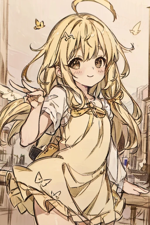 A blonde haired female angel in a cute yellow lolita dress with hazel eyes and golden wings is smiling on a dock