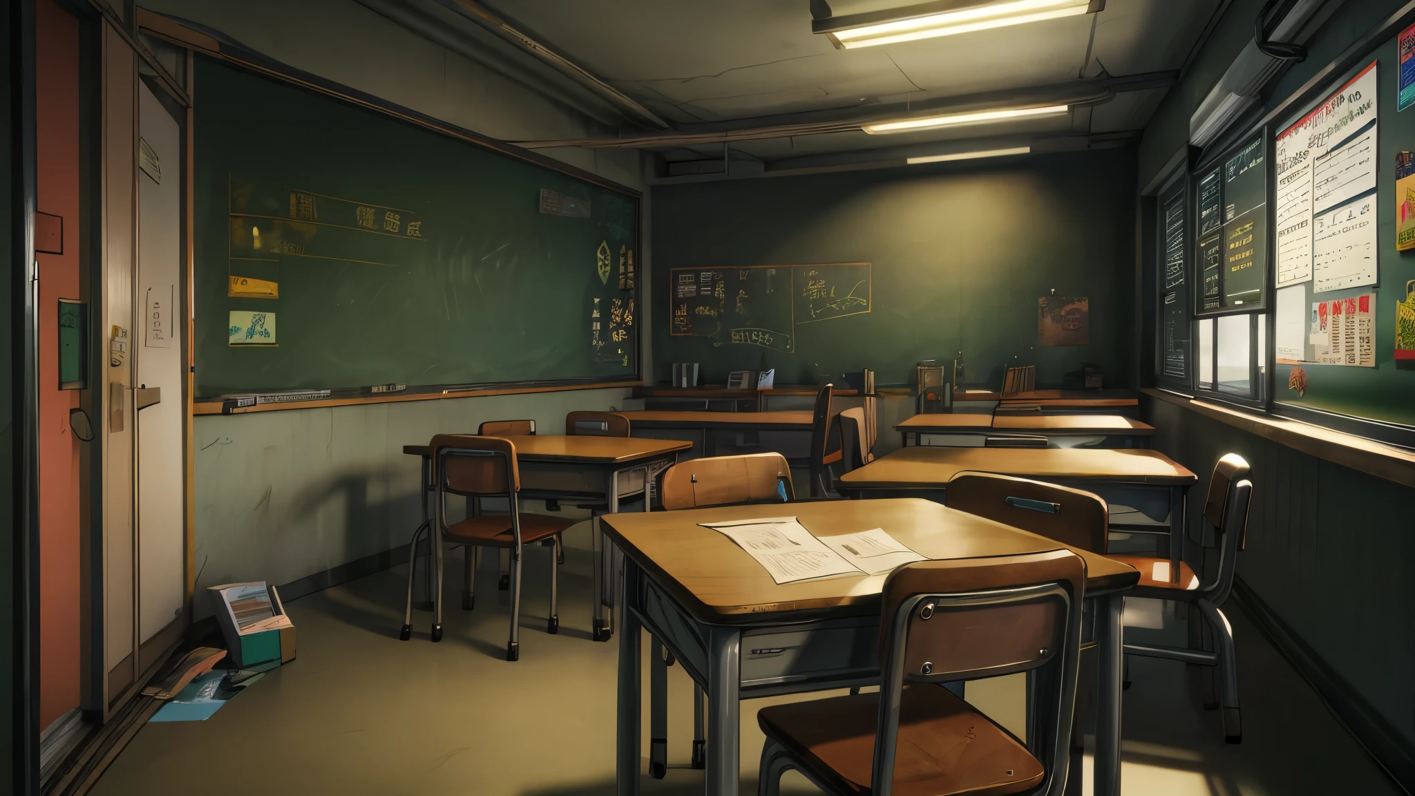 anime, high res, 4k, 8k, visual novel background, CG background, empty schoolroom, indoor scenery, desks, chairs, writing pads, window, plants, a whiteboard without people, in the style, detailed background, photorealistic, pixiv, sharp-focus, super detail,