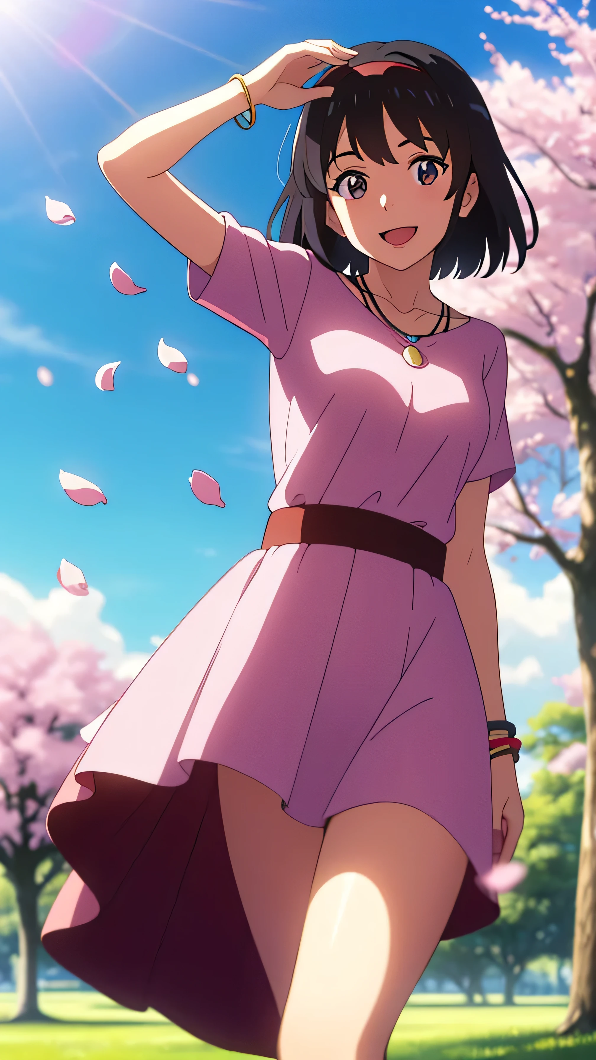 (masterpiece, best quality, high quality, highres, ultra-detailed), shinkai makoto, kimi no na wa., 1girl, bangs, black hair, blush, bright eyes, brown eyes, headband, looking at the viewer, red bow, red headband, red ribbon, white dress, short hair, medium breasts, solo, day, Outdoors, shinny skin, smile, happy, :D, bracelet, necklace, cherry_blossoms, falling_petals, petals, branch, pink_flower, blue_sky, sunlight, spring_season, wind, tree