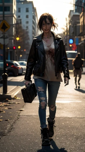 A female zombie is walking