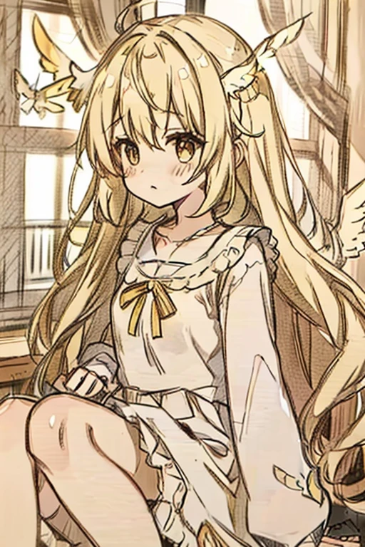 A blonde haired female angel in a cute yellow ta dress with hazel eyes and golden wings is holding a dove in the early morning light