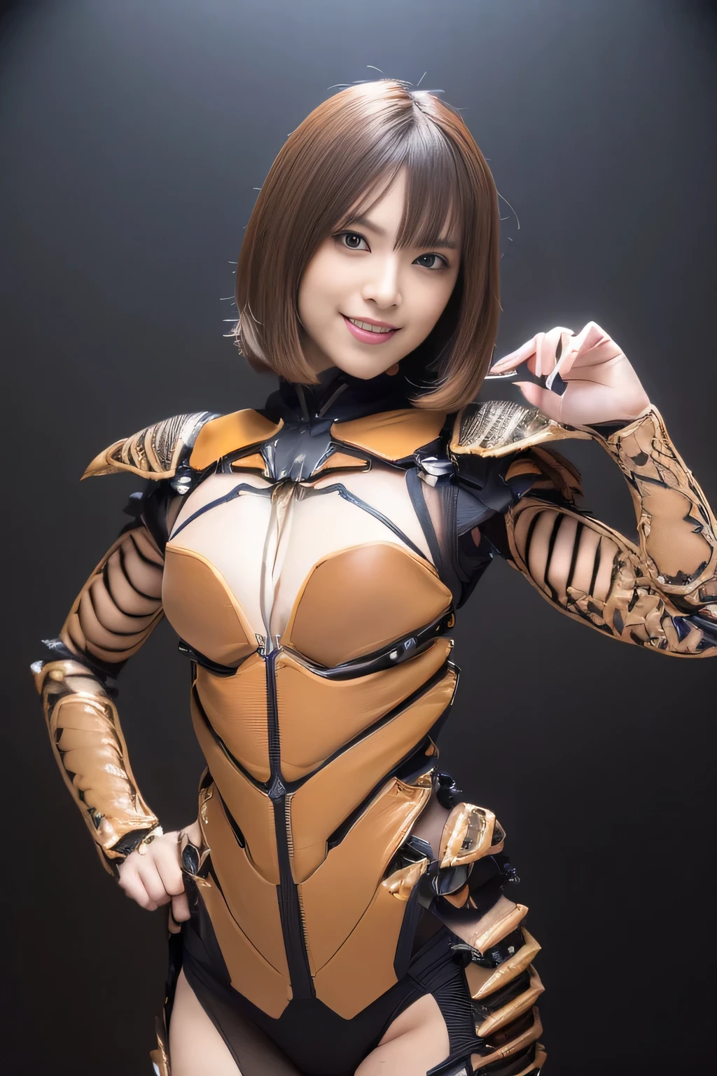 (high resolution,masterpiece,best quality,extremely detailed CG, anime, official art:1.4), realistic, photo, amazing fine details, all intricate, gloss and shiny,awesome many layers, 8k wall paper, 3d, sketch, kawaii, illustration,( solo:1.4), perfect female proportion,villainess, (fusion of dark brown cockroach and lady:1.4), (brown cockroach form lady:1.2), (brown cockroach lady:1.2), (fusion:1.2), (solo:1.4), (evil smile:1.2), muscular, abs, (cockroach brown exoskeleton bio insect suit:1.4), (cockroach brown exoskeleton bio insect armor:1.2), (brown transparency cockroach wing:1.4), (brown cockroach antennae:1.3),