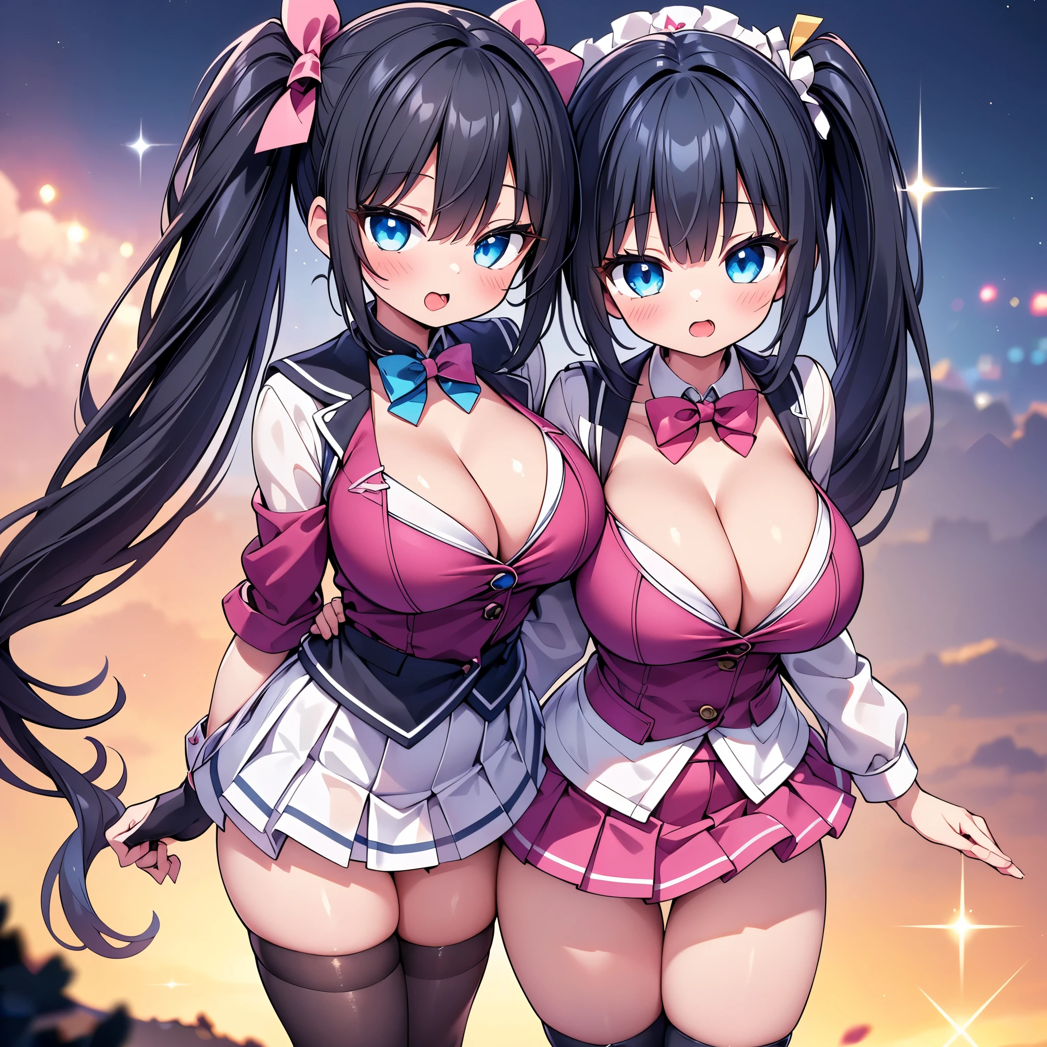 highest quality,wonderful,finely,extremely detailed CG Unity 8K wallpaper, (girls, cute eyes, (magical pink girl outfit,frill mini skirt:1.1), Black Hair, blue eyes, side ponytail, clothed), (sparkling eyes:1.2), (glamorous:1.1), (huge breasts), (cleavage), (open mouth:1.1), (long tongue:1.1), (black stockings:1.2),(Thighs:1.2)