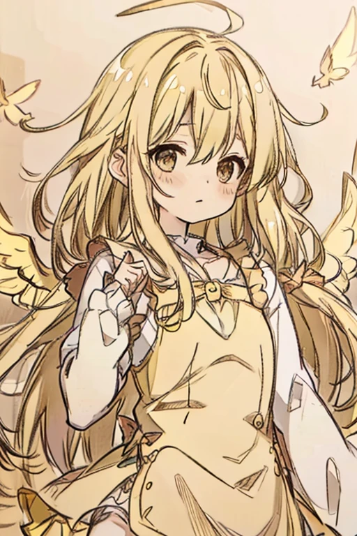 A blonde haired female angel in a cute yellow ta dress with hazel eyes and golden wings is flying in the sky
