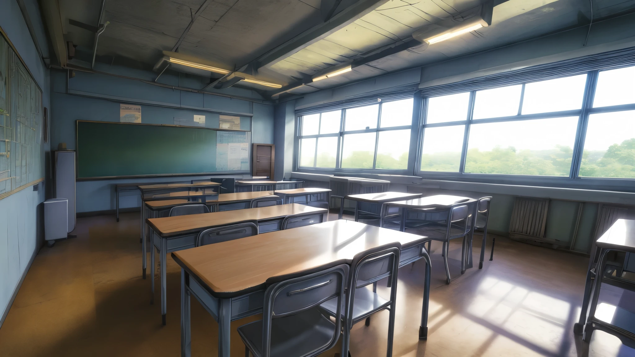 anime, high res, 4k, 8k, visual novel background, CG background, empty big schoolroom, indoor scenery, desks, chairs, writing pads, window, plants, a whiteboard without people, in the style, detailed background, photorealistic, pixiv, sharp-focus, super detail,