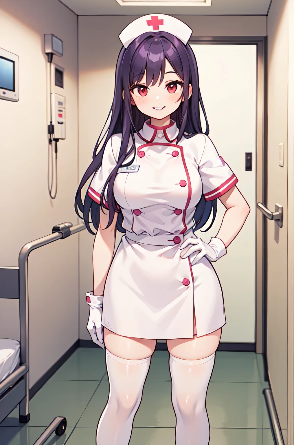 1woman, solo, nurse, white nurse cap, white nurse uniform, ((white legwear, zettai ryouiki)), white gloves, long hair, purple hair, red eyes, pink lips, smile, standing, ((hospital room)), sharp outline, short sleeves, mature female, 35 years old, best quality, masterpiece