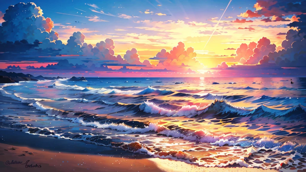 The beach stretches out as far as the eye can see, Where sparkling golden sand meets crystal blue waves. sun, Shining high in the sky, Casting a brilliant glow on the landscape. The Solo climate、Warm shades of orange etc.、Fill the sky with a striking mix of colors。, Rose, The purple blends perfectly with the soft blue and white of the clouds..