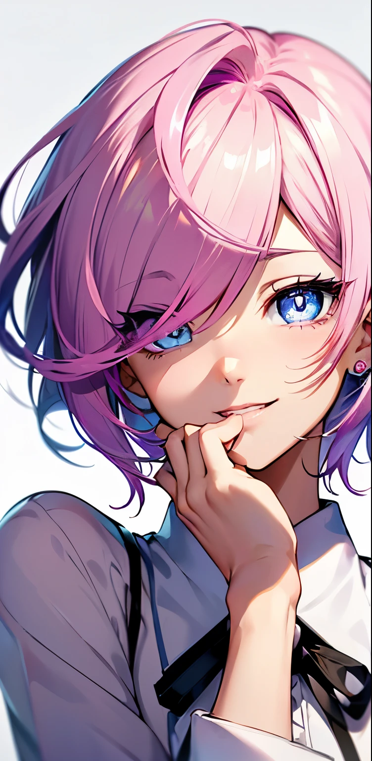 Realistic、1girl、fluorescence　pink hair、blue eyes、(eye focus:1.3,face focus:1.3,upper body:1.5),(gradient eyes:1.3),(blouse)、smiley face,laugh with your mouth wide open,(happy:1.3),short hair、cute face,portrait,
