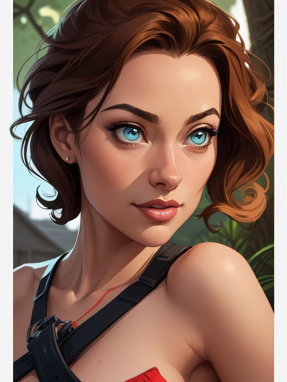 Character style Cartoon style digital illustration GTA style female style beautiful breasts symmetrical medium breasts Fiona with war marks Cartoon image of a woman .Ilustra??o estilo desenho animado, estilo de arte dos desenhos animados, estilo de arte dos desenhos animados, digital illustration style, estilo atompunk design de personagens altamente detalhado, arte digital detalhada coragem, Forest fan art, Design de personagens de retrato, beautiful digital illustration, retrato de alta qualidade, Arte em quadrinhos, mulher jovem cabelo com transas lindas . Eyelined eyes Medium large bust and wonderful sexy clothes.