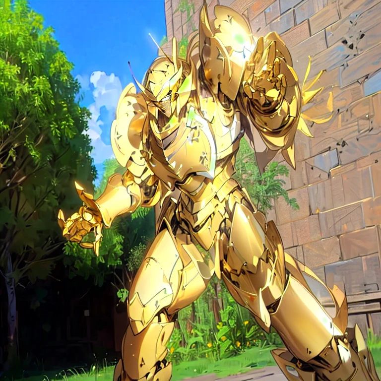 gilded shiny armour, golden armour, heavy golden armour, the golden humanoid robot, heavy gold armour, anime image of a giant robot with a huge smile on his face, solo