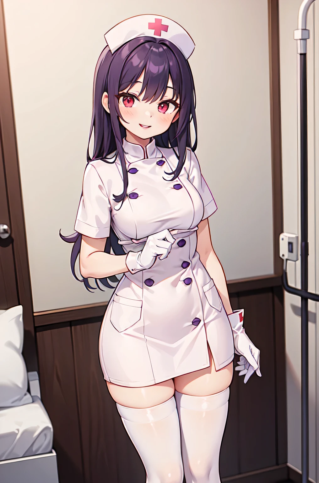 1woman, solo, nurse, white nurse cap, white nurse uniform, ((white legwear, zettai ryouiki)), white gloves, long hair, purple hair, red eyes, pink lips, smile, standing, ((hospital room)), sharp outline, short sleeves, mature female, 35 years old, best quality, masterpiece