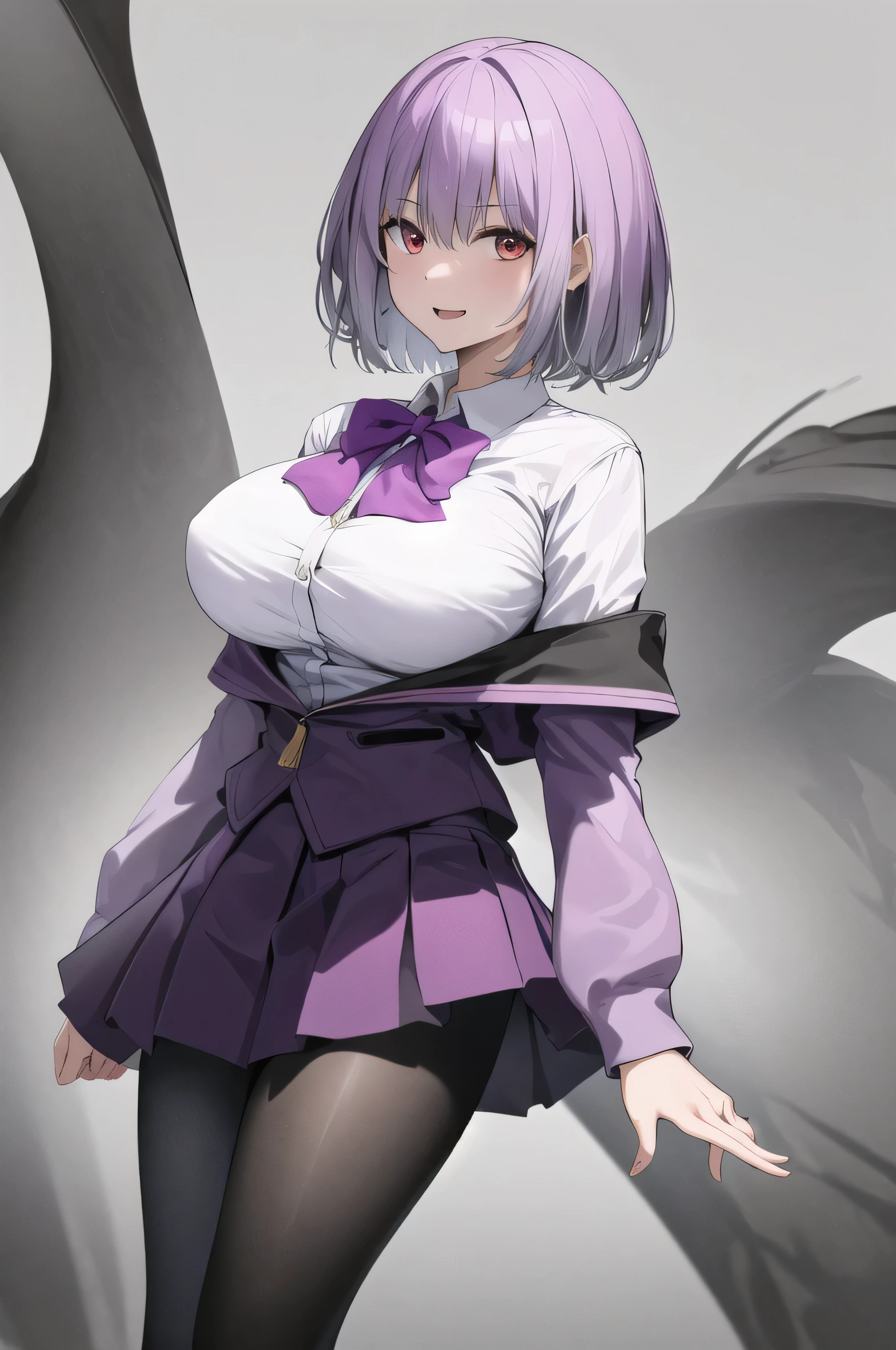 masterpiece, highest quality,best quakity, High resolution, Ah Akane, short hair, Red eyes, Large Breasts, Purple bow tie, Collared shirt, White shirt, Off the shoulder, Purple Jacket, Partially defrosted, Long sleeve, Sleeves are longer than the wrist, Pleated skirt, Black Skirt, pantyhose, Cowboy Shot, Are standing, evil face,evil huge laugh,(Best picture quality, 4K, 8K, High resolution, Masterpiece: 1.2), ultra detailed, Sinister Veil of Shadows,black and dark aura background,