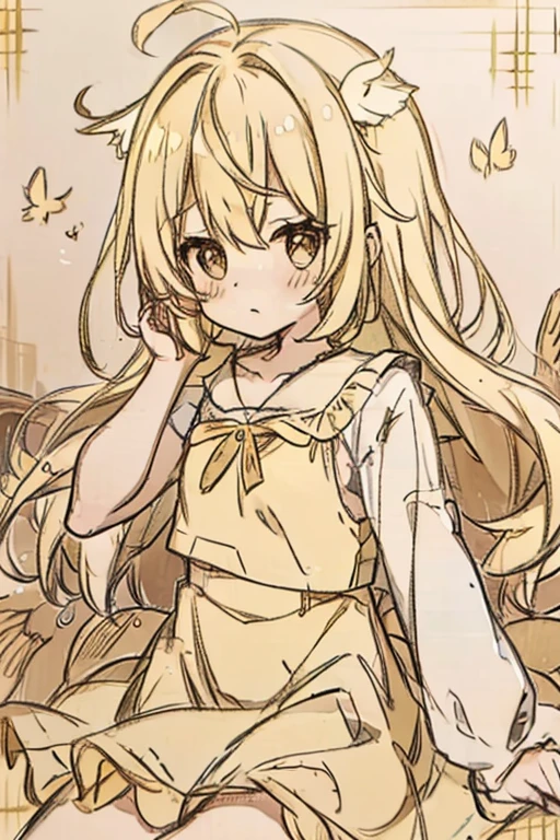 A blonde haired female angel in a cute yellow lolita dress with hazel eyes and golden wings is splashing in the waves at the beach