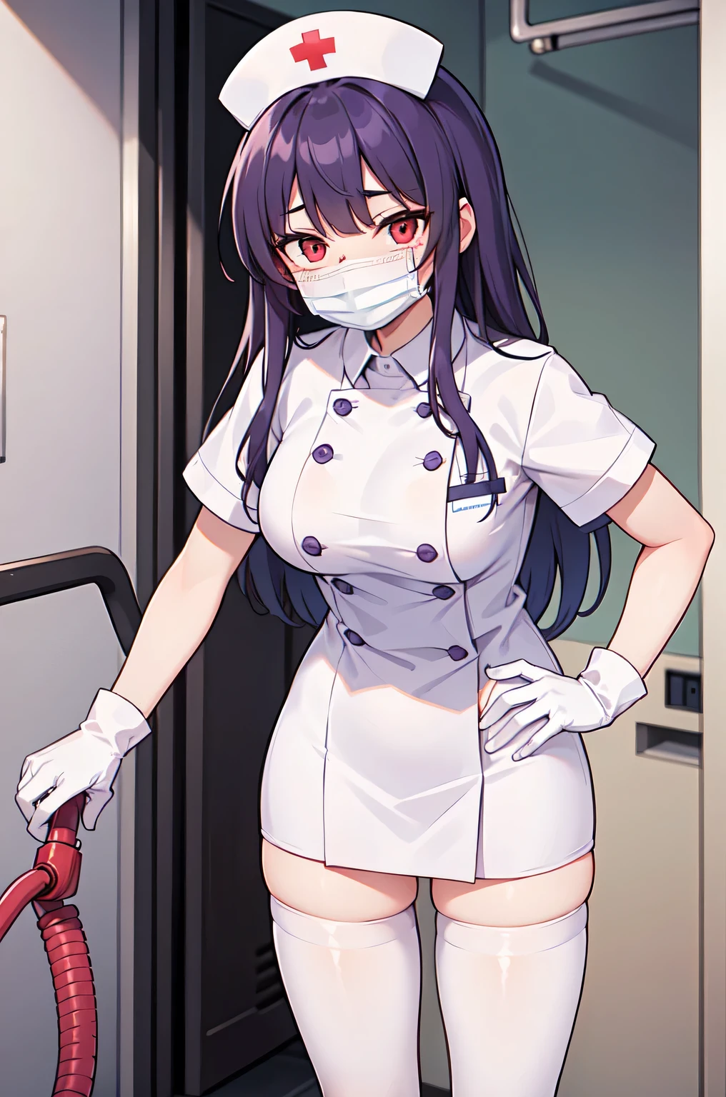 1woman, solo, nurse, white nurse cap, white nurse uniform, ((white legwear, zettai ryouiki)), white gloves, long hair, purple hair, red eyes, ((white surgical mask, covered nose)), standing, ((hospital room)), sharp outline, short sleeves, mature female, 35 years old, best quality, masterpiece
