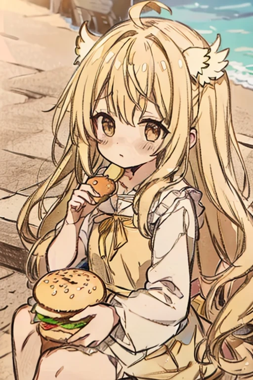 A blonde haired female angel in a cute yellow lolita dress with hazel eyes and golden wings is eating a burger at the beach