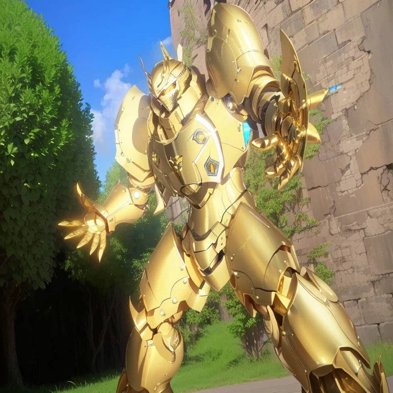 gilded shiny armour, golden armour, heavy golden armour, the golden humanoid robot, heavy gold armour, anime image of a giant robot with a huge smile on his face, solo