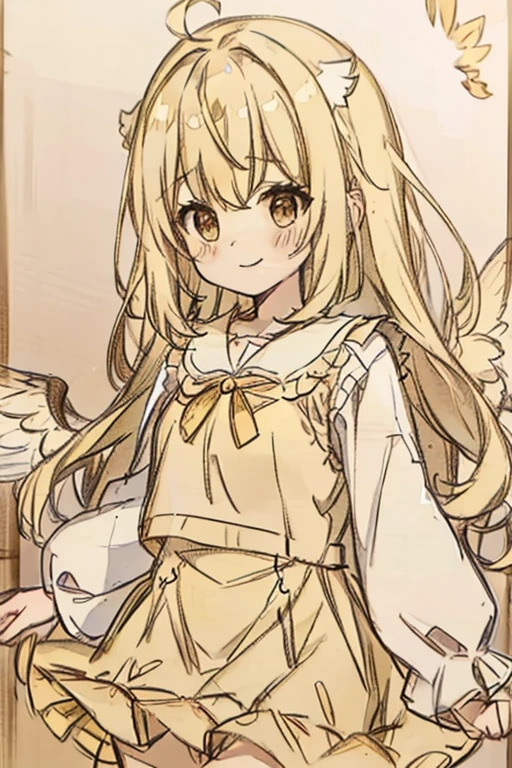 A blonde haired female angel in a cute yellow ta dress with hazel eyes and golden wings is walking on the beach with a big smile
