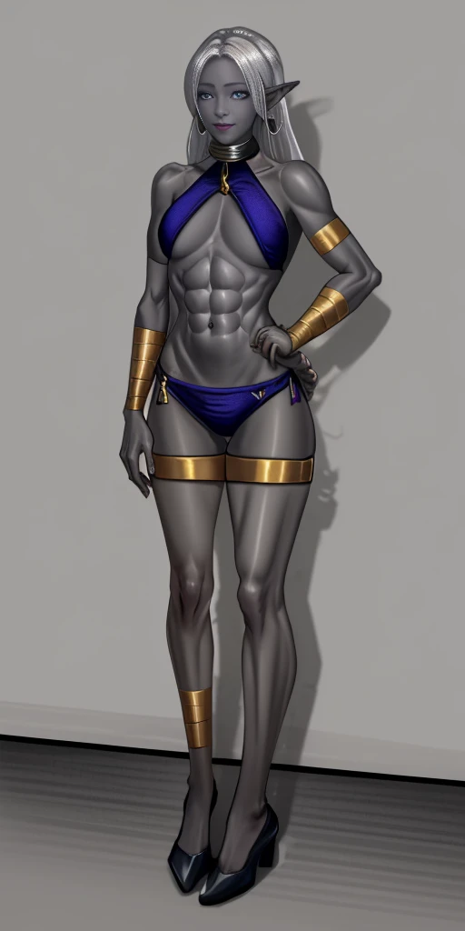 ((1girl)) full body, standing, grey skin, drow, elf, mature, detailed happy face, purple eyes, white hair, black bikini, abs, big knockers, golden chain collar, stomach tattoo (red tattoo)