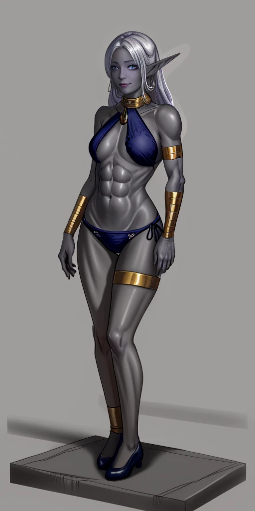 ((1girl)) full body, standing, grey skin, drow, elf, mature, detailed happy face, purple eyes, white hair, black bikini, abs, big knockers, golden chain collar, stomach tattoo (red tattoo)