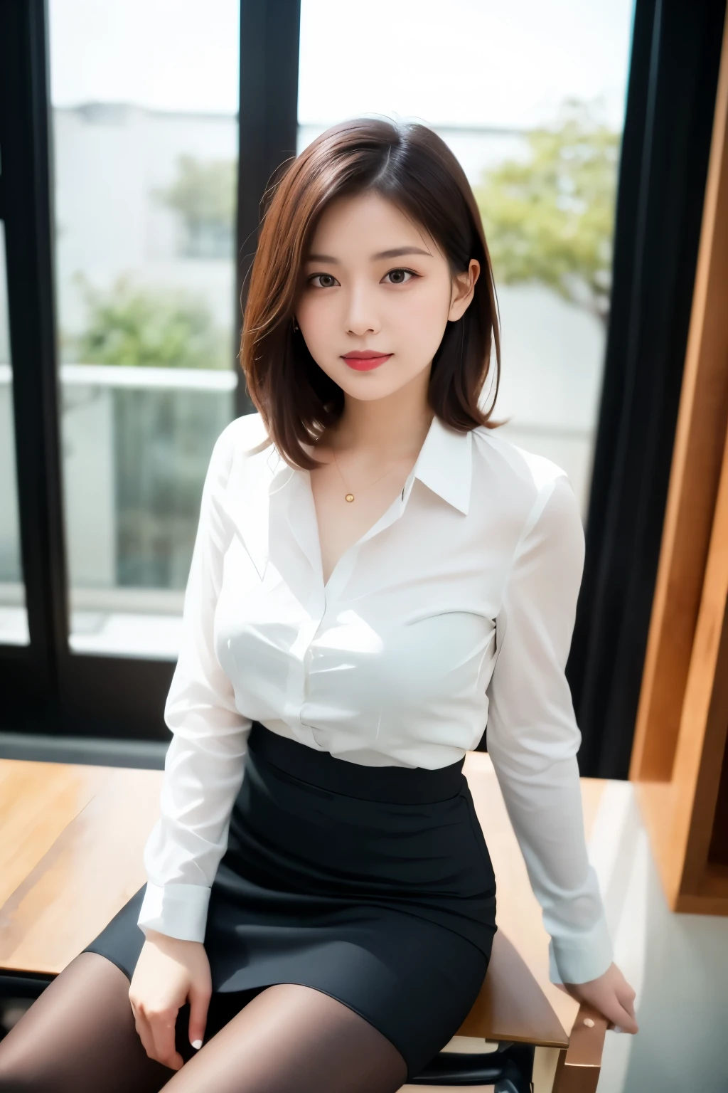 ulzzang-6500-v1.1, (RAW Photos:1.2), (Photorealistic), (Genuine:1.4), (Mastepiece), masterpiece, Absurd, The finer details, High resolution, Highly detailed face and eyes, Photorealistic, Perfect dynamic composition, Beautiful and delicate eyes, suit,short hair,Natural color lips, Sit on a chair,Crossing your legs, smile、25-year-old woman,Red Eyeshadow,Wearing pantyhose,Formal tight skirt