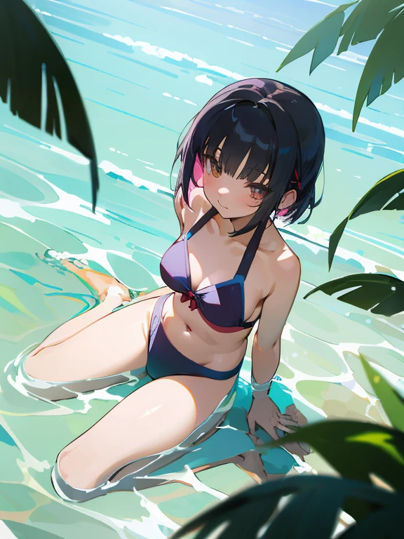 an anime drawing shows a girl sitting with ((Swimwear)), 1girl, solo, sitting, leggings, wariza,((fromabove)),look up,Navel