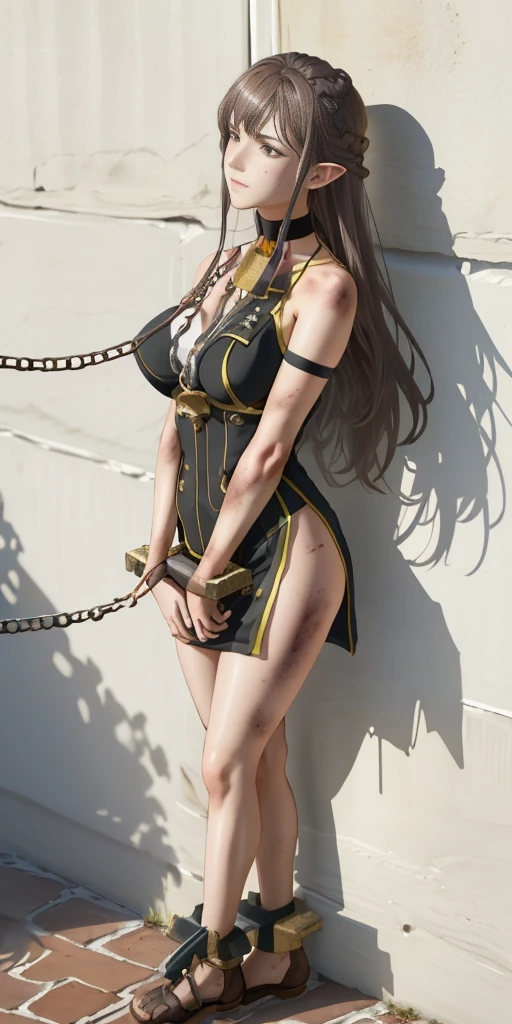 (Selvaria Bles (Valkyria Chronicles) LoRA) Female, standing, straight, 1girl, elf, green wavy hair, medium breasts, suspended by arms, head down, POV, from the side (dirty, bruise:1.2) cave floor, tied up, rope, (Masterpiece), full body of a female, big breast, detailed face, full portrait, standing straight, shackles on arms and legs, black choker on neck, SFW, WHITE TOGA, golden chains hands, golden chains legs, lascivious face, embarrassed, red cheeks, braid black hair, full body, view from below, far shot, cow boy shot, looking at viewer, handcuffs on their hands, with a collar around the neck, slave, ((black choker, shackles on legs and arms)) ((hands hiding behind body))