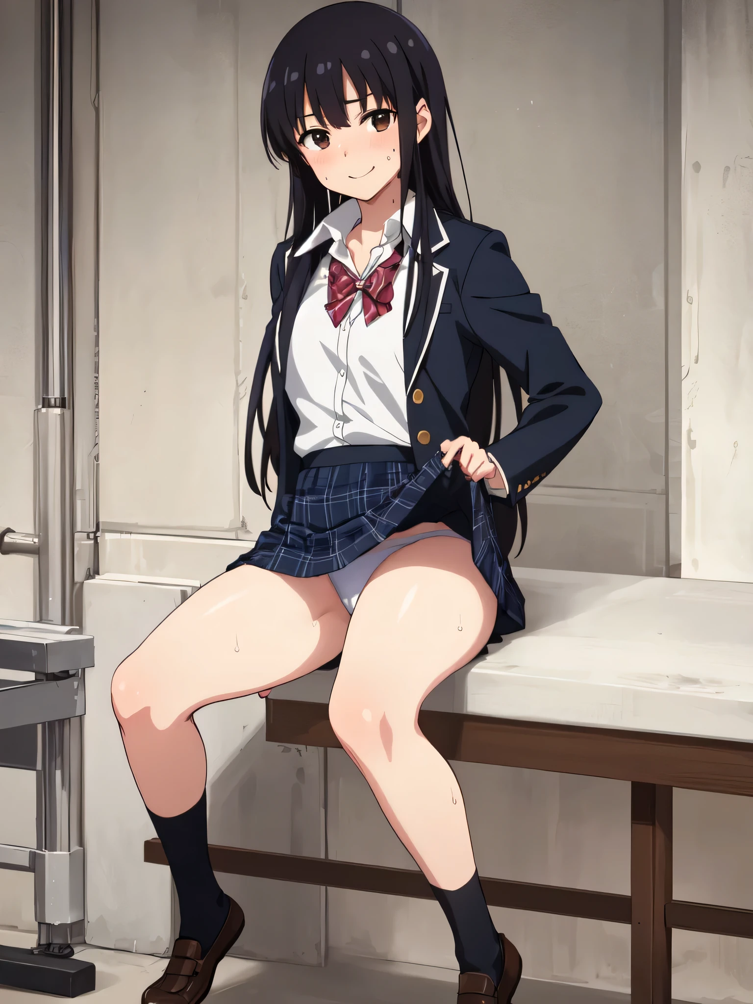 (Masterpiece:1.2, high quality), (pixiv:1.4), (anime:1.4), wearing underwear, panties, loose socks, black hair, buttocks, brown eyes, blue skirt, solo, blazer type , panties, loose socks, black hair, lifting clothes, brown eyes, blue skirt, pure gaze, miniskirt, herself lift, plaid skirt, kawaii, blush, a smile, (sweat), Long hair, Physical education sitting, beauty legs, Schools