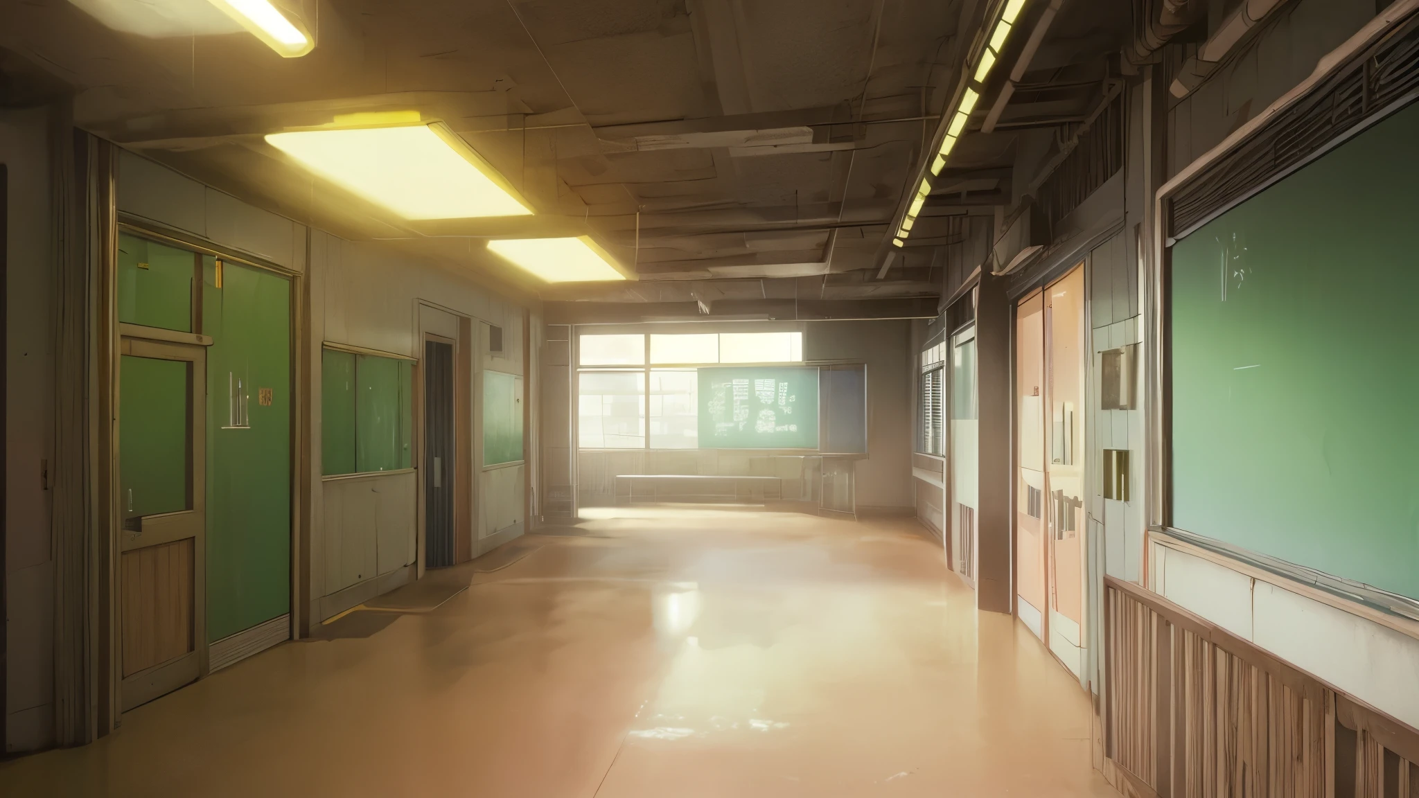 anime, high res, 4k, 8k, visual novel background, CG background, empty school hallways, neon signs on the walls, classroom doors, , detailed background, photorealistic, pixiv, sharp-focus, super detail,