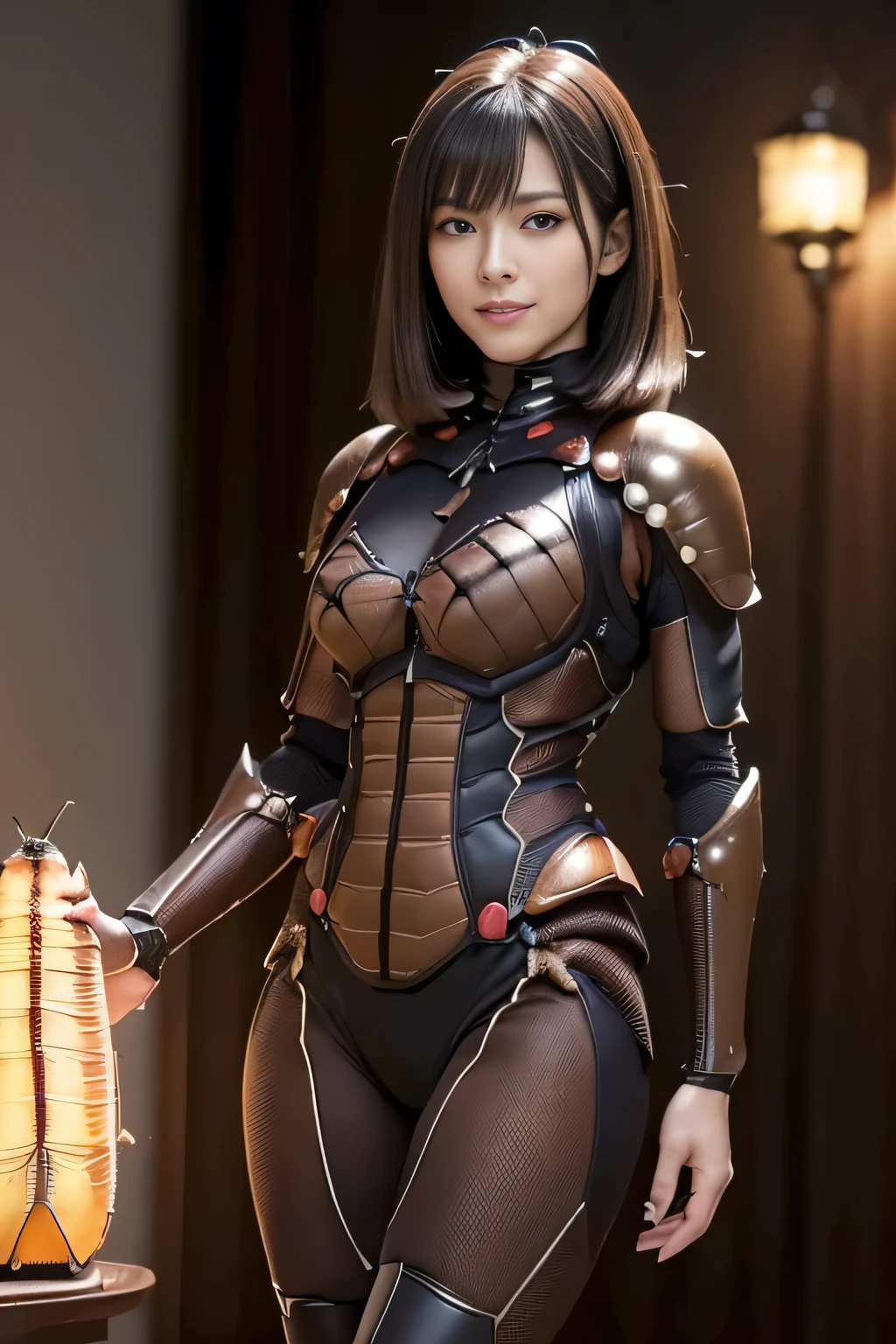 (high resolution,masterpiece,best quality,extremely detailed CG, anime, official art:1.4), realistic, photo, amazing fine details, all intricate, gloss and shiny,awesome many layers, 8k wall paper, 3d, sketch, kawaii, illustration,( solo:1.4), perfect female proportion,villainess, (fusion of dark brown cockroach and lady:1.4), (brown cockroach form lady:1.2), (brown cockroach lady:1.2), (fusion:1.2), (solo:1.4), (evil smile:1.2), muscular, abs, (cockroach brown exoskeleton bio insect suit:1.4), (cockroach brown exoskeleton bio insect armor:1.2), (brown transparency cockroach wing:1.4), (brown cockroach antennae:1.3),