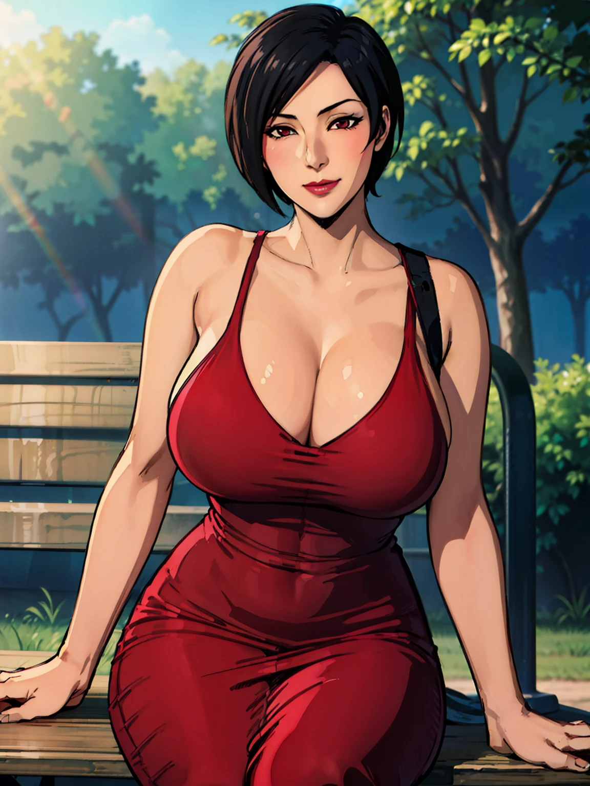 sitting on bench, sunny garden background, ada wong, anime cels style, best quality, high resolution, 1girl, (huge breasts:1.2), beautiful face, lipstick, cowboy shot of beautiful ada, looking at viewer, red dress, black hair, blush, short hair, light smile