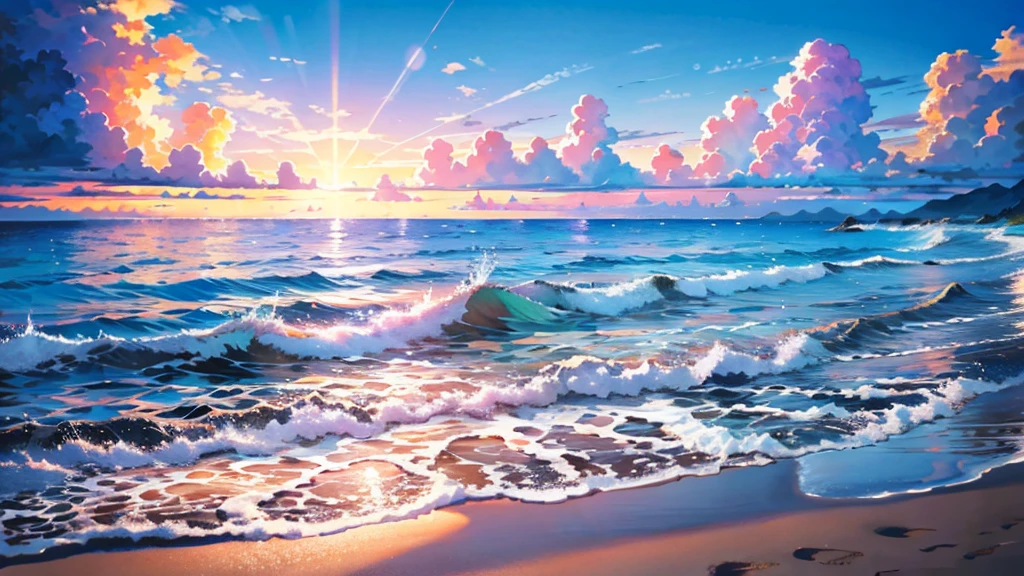The beach stretches out as far as the eye can see, Where sparkling golden sand meets crystal blue waves. sun, Shining high in the sky, Casting a brilliant glow on the landscape. The Solo climate、Warm shades of orange etc.、Fill the sky with a striking mix of colors。, Rose, The purple blends perfectly with the soft blue and white of the clouds..Realistic photos,