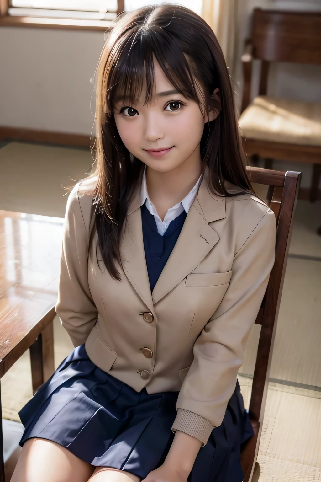 best quality, facial focus, soft light, (depth of field), ultra high res, (photorealistic: 1.4), RAW photo, (sideways) 1Japanese girl, solo, handsome, (shy, smile: 1.1), (brown eyes), detailed beautiful face, (long hair), (seated chair), (school uniform: 1.4, navy skirt, navy Blazer), pet shop,