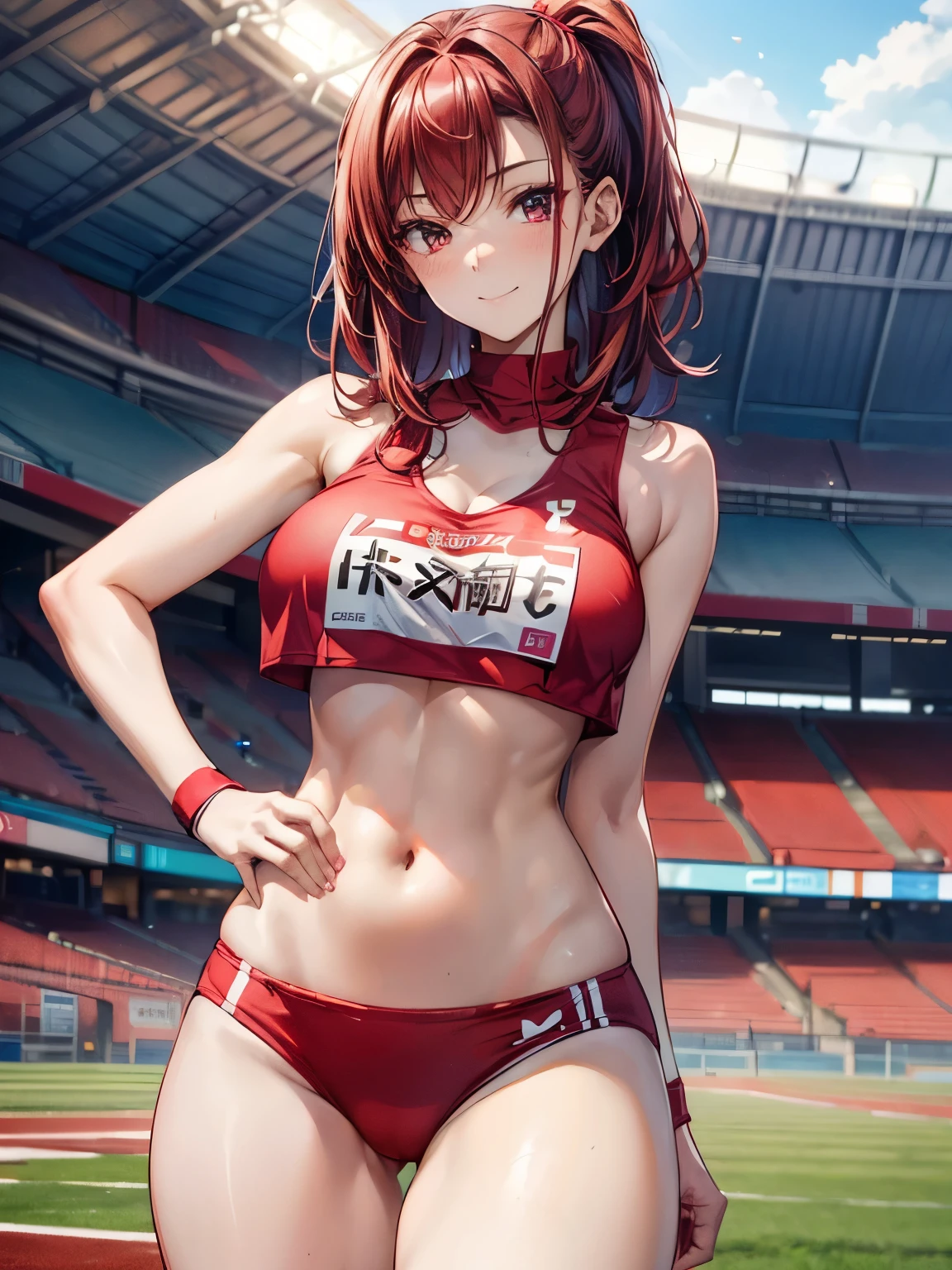 highest quality、Nice sexy body、One Woman、solo、(Beautiful busty woman:1.5)、Medium hair woman、((Woman with dark red hair))、Track and field athlete、A woman wearing a red sports bra with a logo、A woman wearing red high-cut bloomers、Smiling woman、Athletics Stadium