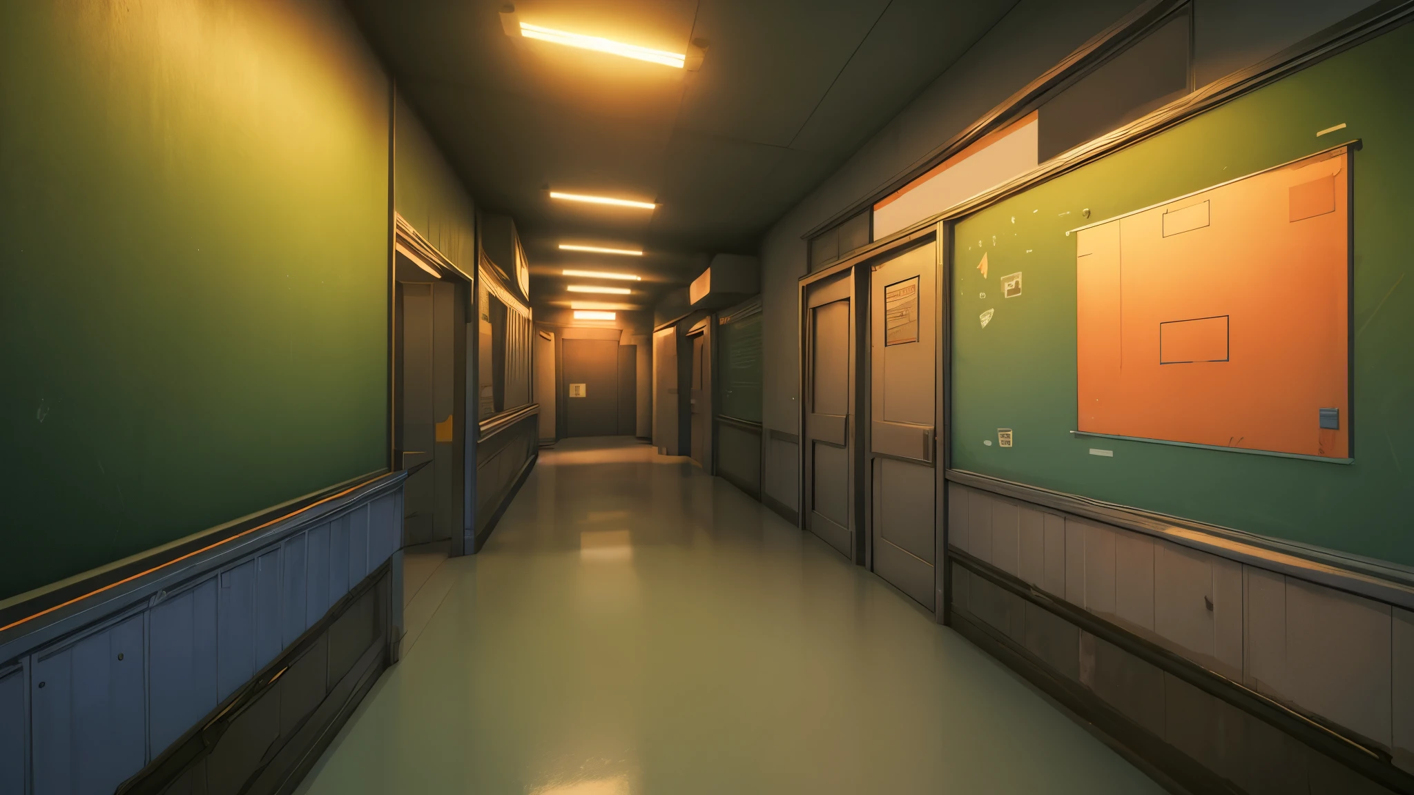 anime, high res, 4k, 8k, visual novel background, CG background, empty school hallways, neon signs on the walls, classroom doors, , detailed background, photorealistic, pixiv, sharp-focus, super detail,