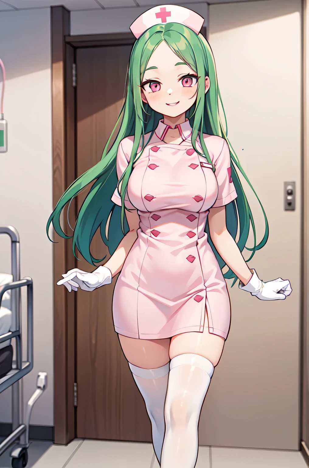 1woman, solo, nurse, white nurse cap, white nurse uniform, ((white legwear, zettai ryouiki)), white gloves, forehead, long hair, green hair, pink eyes, pink lips, smile, standing, ((hospital room)), sharp outline, short sleeves, mature female, 35 years old, best quality, masterpiece