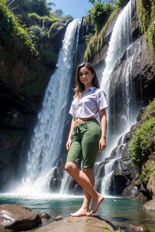 Foto de uma garota olhos verdes de trabalho apertado muito bonita, 1 com camisa, short foto meio corpo, 20 anos, passing through El Salvador with pants on a waterfall viewpoint at work