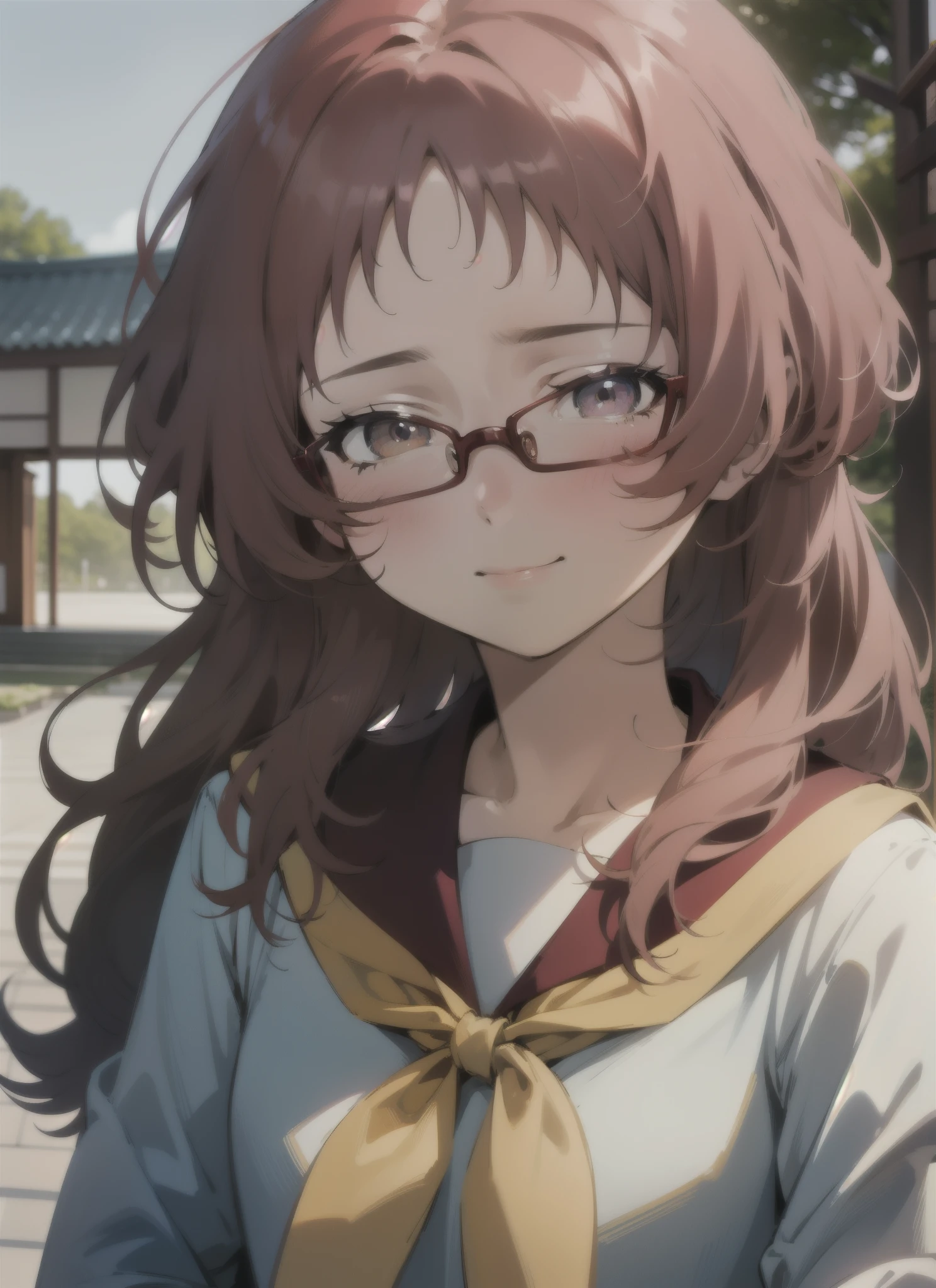 1girl, (masterpiece:1.3), (high resolution), (8K), (extremely detailed), (4k), (pixiv), perfect face, nice eyes and face, (best quality), (super detailed), detailed face and eyes, (solo), textured skin, absurdres, highres, miewz, glasses, long hair, serafuku, sailor collar,yellow neckerchief, white shirt, purple eyes, , red skirt, red hair, BREAK
 pov, selfie, smile, temple, japanese architecture, outdoors, cherry blossoms,