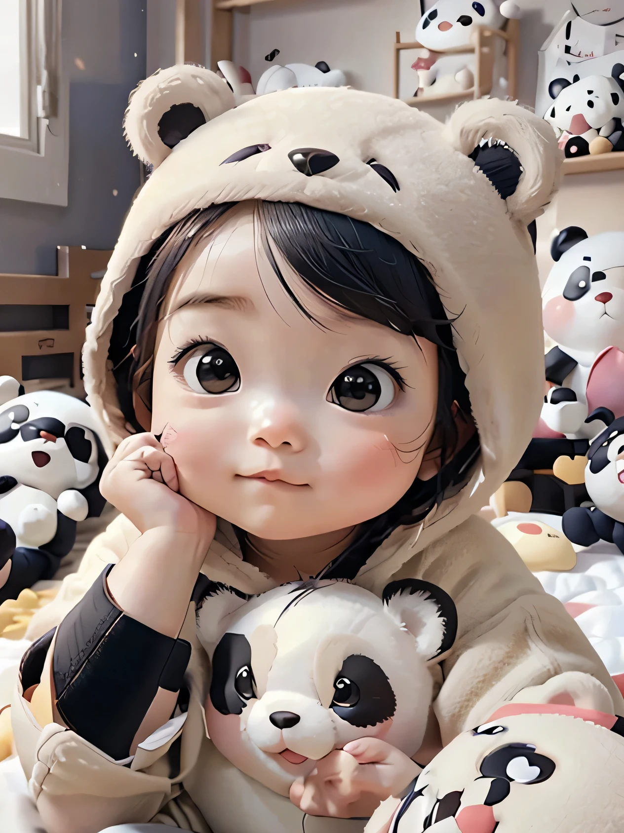 in anime、Porter un costume de panda、Take a nice pose in a bedroom before bed 、Take a side photo、je ris aux éclats.、baby face