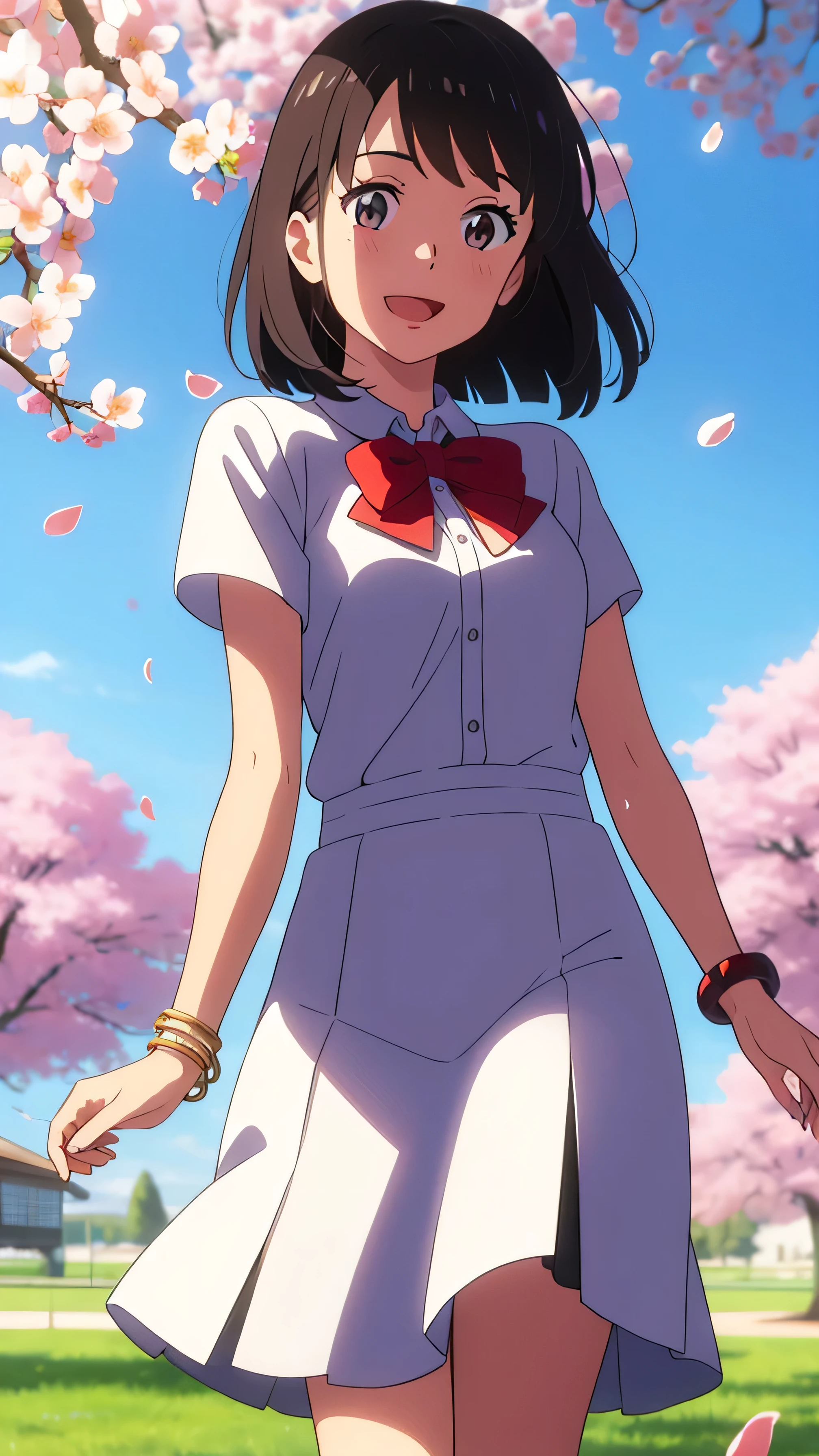 (masterpiece, best quality, high quality, highres, ultra-detailed), shinkai makoto, kimi no na wa., 1girl, bangs, black hair, blush, bright eyes, brown eyes, headband, looking at the viewer, red bow, red headband, red ribbon, white dress, short hair, medium breasts, solo, day, Outdoors, shinny skin, smile, happy, :D, bracelet, necklace, cherry_blossoms, falling_petals, petals, branch, pink_flower, blue_sky, sunlight, spring_season, wind, tree