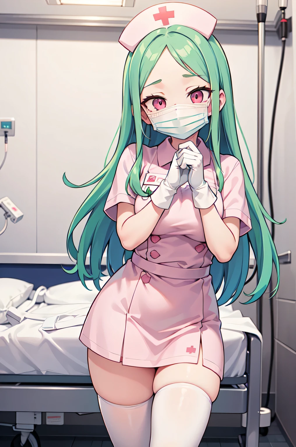 1woman, solo, nurse, white nurse cap, white nurse uniform, ((white legwear, zettai ryouiki)), white gloves, forehead, long hair, green hair, pink eyes, ((white surgical mask, covered nose)), standing, ((hospital room)), sharp outline, short sleeves, female, 35 years old, best quality, masterpiece