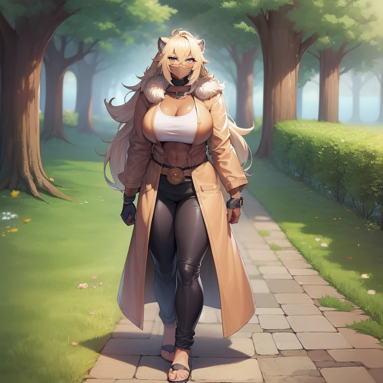 Muscle girl, dark-skinned woman, big chest, happy,, coat jacket, pants, portrait, 1character, full body, walking, long dress, medieval, village, farm, forest,flipflops,blond hair,, leopard cloths