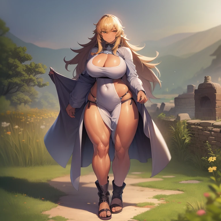 Muscle girl, dark-skinned woman, big chest, happy,, coat jacket, pants, portrait, 1character, full body, walking, long dress, medieval, village, farm, forest,flipflops,blond hair,, leopard cloths