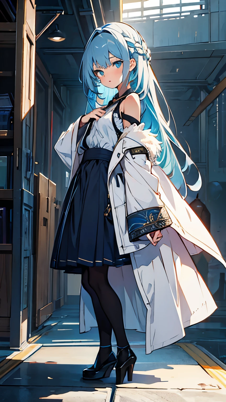 (QUALITY:0)
8k, 8k wallpaper, (an extremely delicate and beautiful:1.1), (beautiful detailed eyes:1.3), (best illustration:1.1), (best quality:1.3), (best shadow:1.1), (cinematic lighting:1.2), detailed eyes, (detailed_light:1.1), (dreamy:1.1), (extremely detailed CG unity 8k wallpaper:1.1), highres, (masterpiece:1.3), official_art, ray tracing, (stylized:1.3), trending on artstation, (ultra_detailed:1.2)
(STYLE & COMPOSITION:0)
1girl, (from_side, full_body:1.4), solo
(POSE & EXPRESSION:0)
blush, head_tilt, legs_apart, lips_apart, looking_at_viewer, standing, unamused
(CHARACTER:0)
Blue_eyes, blue_hair, blue_long_hair, (dualtone_hair,blue_outer, black_inner), silk_white_pantyhose, white_stockings, white_socks, bare_shoulders, white_shirt, white_skirt, breasts_apart, blouse, white_blouse, fluffy_blouse, white_robe, ornate_robe, robe, collarbone, high_heels, lips, long_sleeves, makeup, plaid_skirt, high_waist_skirt, shiny_hair, shrug_\(clothing\), (small_breasts:1.3), very_long_hair
(BACKGROUND:0)
(TEXTUAL INVERSION:0)