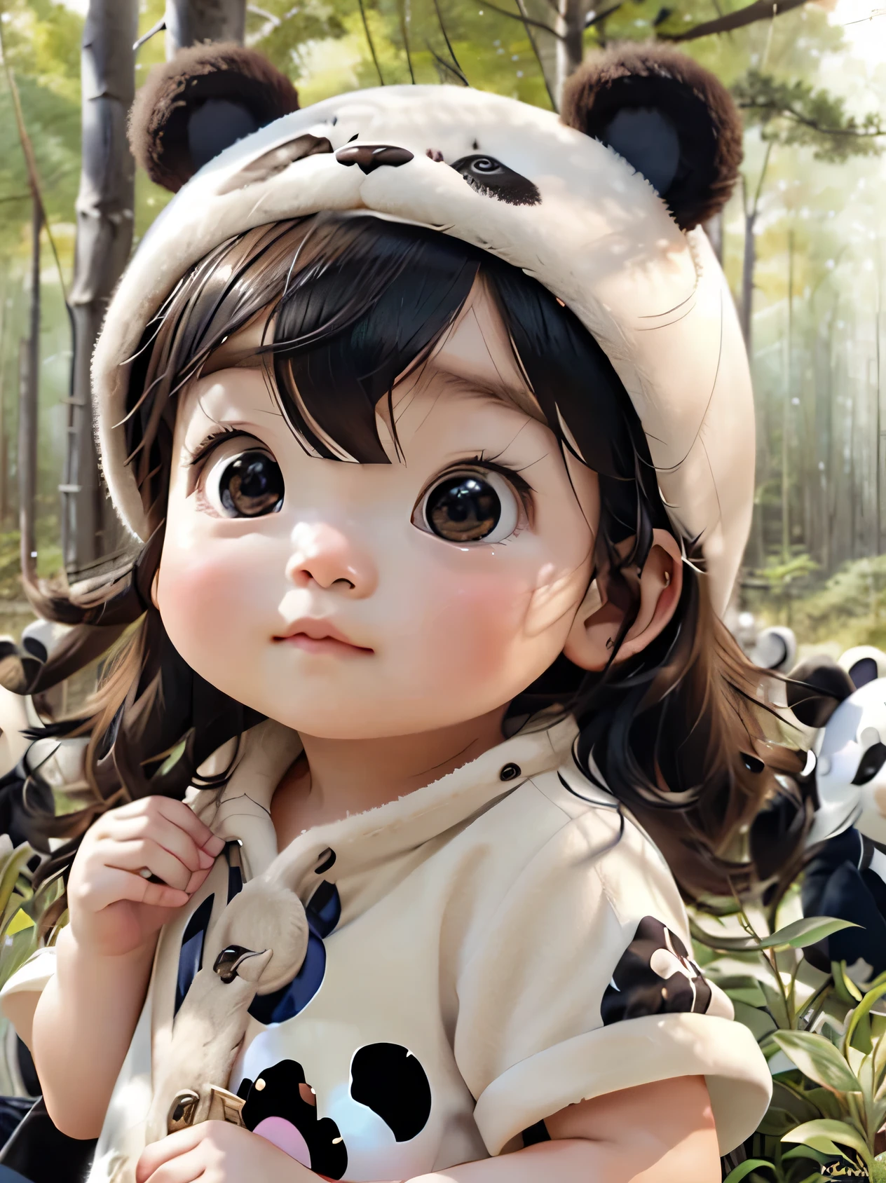 in anime、Porter un costume de panda、Prendre une jolie pose dans une forêt 、Take a side photo、je ris aux éclats.、baby face